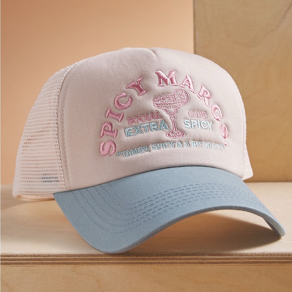‼️SOLD‼️ 🧢 NWT Altar’d State Spicy Margs Social Club Trucker Hat Blue Beige